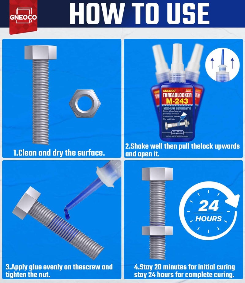GNEOCO ThreadLocker Blue, Thread Lock Medium Strength Lock Tight for Nuts, Bolts, Fasteners and Metals, Anaerobic Curing Metal Glue to Prevent Loosening and Corrosion (M243-50ml) - Image 5